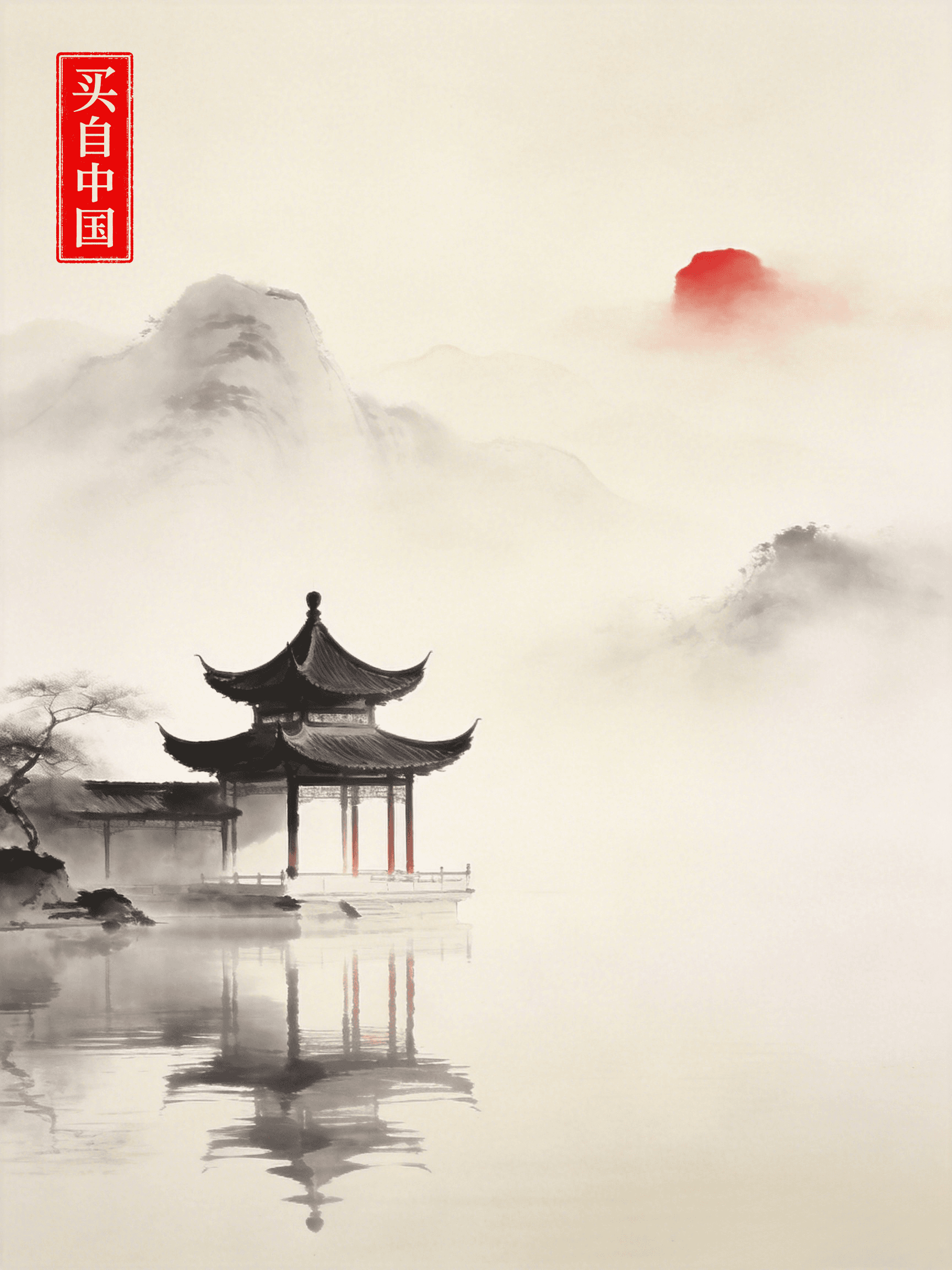 Chinese ink wash painting of a lakeside pavilion with misty mountains — BuyFromChina.ca