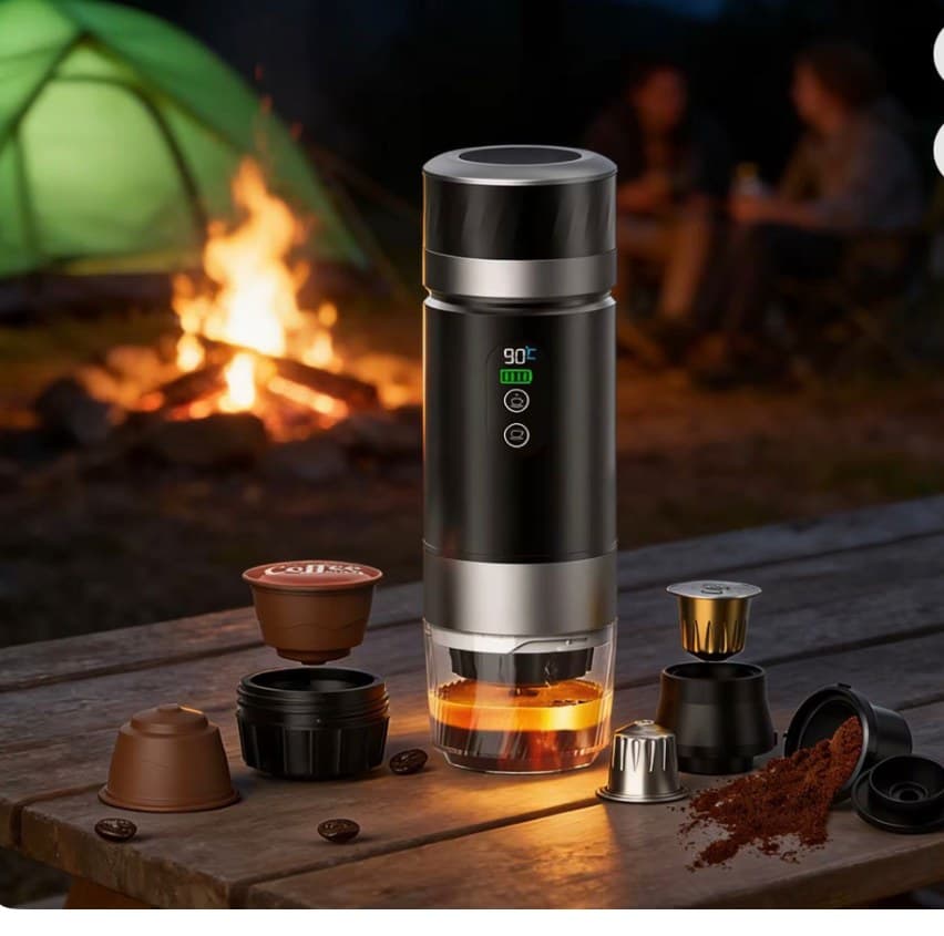 Photo a customer sent us of a portable espresso machine beside a campfire
